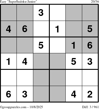 The grouppuzzles.com Easy SuperSudoku-Junior puzzle for Wednesday October 8, 2025