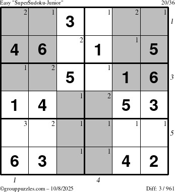 The grouppuzzles.com Easy SuperSudoku-Junior puzzle for Wednesday October 8, 2025 with all 3 steps marked