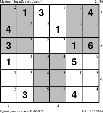 The grouppuzzles.com Medium SuperSudoku-Junior puzzle for Wednesday October 8, 2025 with all 5 steps marked