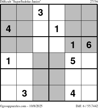 The grouppuzzles.com Difficult SuperSudoku-Junior puzzle for Wednesday October 8, 2025