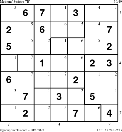 The grouppuzzles.com Medium Sudoku-7B puzzle for Wednesday October 8, 2025 with all 7 steps marked