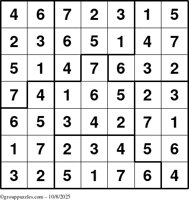 The grouppuzzles.com Answer grid for the Sudoku-7B puzzle for Wednesday October 8, 2025