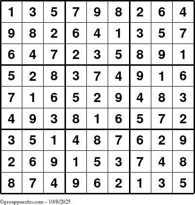 The grouppuzzles.com Answer grid for the Sudoku puzzle for Wednesday October 8, 2025