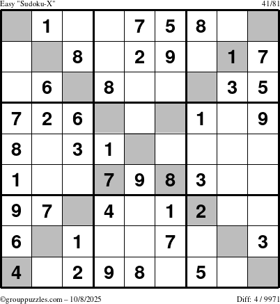 The grouppuzzles.com Easy Sudoku-X puzzle for Wednesday October 8, 2025
