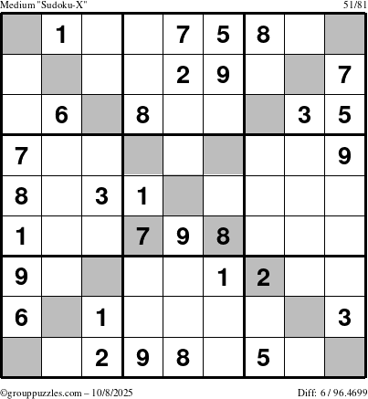 The grouppuzzles.com Medium Sudoku-X puzzle for Wednesday October 8, 2025