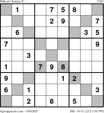 The grouppuzzles.com Difficult Sudoku-X puzzle for Wednesday October 8, 2025