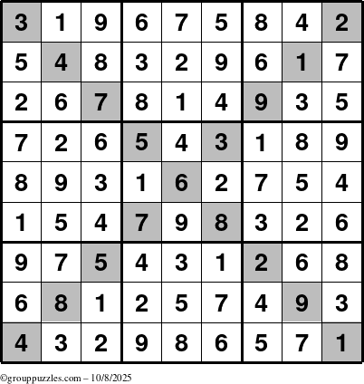 The grouppuzzles.com Answer grid for the Sudoku-X puzzle for Wednesday October 8, 2025