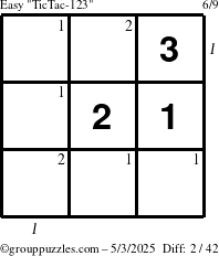 The grouppuzzles.com Easy TicTac-123 puzzle for Saturday May 3, 2025 with all 2 steps marked