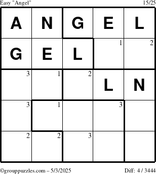 The grouppuzzles.com Easy Angel puzzle for Saturday May 3, 2025 with the first 3 steps marked