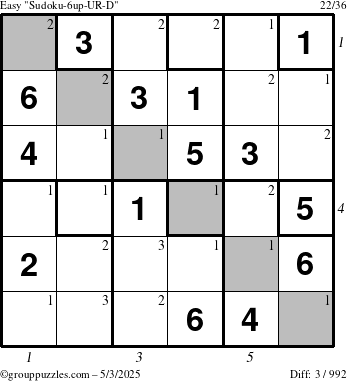 The grouppuzzles.com Easy Sudoku-6up-UR-D puzzle for Saturday May 3, 2025, suitable for printing, with all 3 steps marked