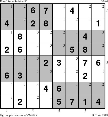The grouppuzzles.com Easy SuperSudoku-8 puzzle for Saturday May 3, 2025, suitable for printing, with all 4 steps marked