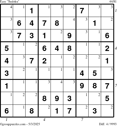 The grouppuzzles.com Easy Sudoku puzzle for Saturday May 3, 2025, suitable for printing, with all 4 steps marked
