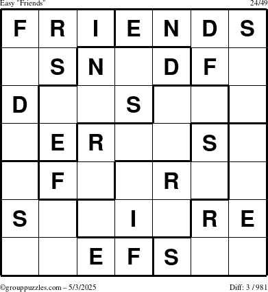The grouppuzzles.com Easy Friends puzzle for Saturday May 3, 2025