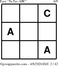 The grouppuzzles.com Easy TicTac-ABC puzzle for Wednesday April 8, 2026