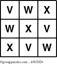 The grouppuzzles.com Answer grid for the TicTac-VWX puzzle for Wednesday April 8, 2026