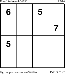 The grouppuzzles.com Easy Sudoku-4-5678 puzzle for Wednesday April 8, 2026