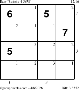 The grouppuzzles.com Easy Sudoku-4-5678 puzzle for Wednesday April 8, 2026, suitable for printing, with all 3 steps marked
