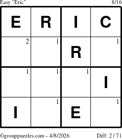 The grouppuzzles.com Easy Eric puzzle for Wednesday April 8, 2026 with the first 2 steps marked