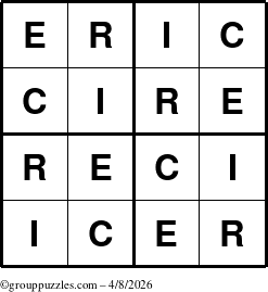 The grouppuzzles.com Answer grid for the Eric puzzle for Wednesday April 8, 2026