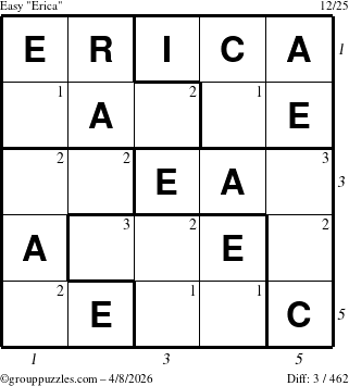 The grouppuzzles.com Easy Erica puzzle for Wednesday April 8, 2026, suitable for printing, with all 3 steps marked
