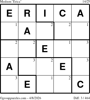 The grouppuzzles.com Medium Erica puzzle for Wednesday April 8, 2026 with the first 3 steps marked