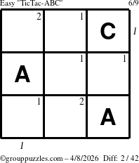 The grouppuzzles.com Easy TicTac-ABC puzzle for Wednesday April 8, 2026, suitable for printing, with all 2 steps marked