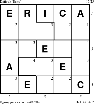 The grouppuzzles.com Difficult Erica puzzle for Wednesday April 8, 2026 with all 4 steps marked