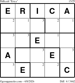 The grouppuzzles.com Difficult Erica puzzle for Wednesday April 8, 2026 with the first 3 steps marked