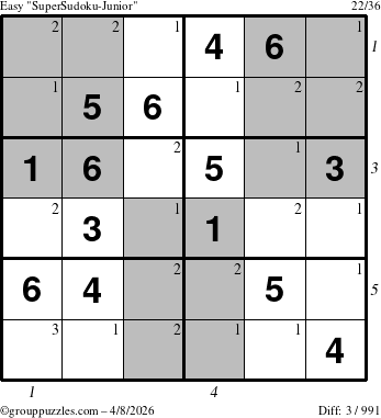 The grouppuzzles.com Easy SuperSudoku-Junior puzzle for Wednesday April 8, 2026, suitable for printing, with all 3 steps marked