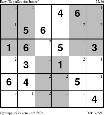 The grouppuzzles.com Easy SuperSudoku-Junior puzzle for Wednesday April 8, 2026 with the first 3 steps marked