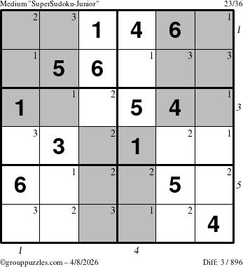 The grouppuzzles.com Medium SuperSudoku-Junior puzzle for Wednesday April 8, 2026, suitable for printing, with all 3 steps marked