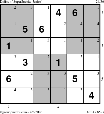 The grouppuzzles.com Difficult SuperSudoku-Junior puzzle for Wednesday April 8, 2026, suitable for printing, with all 4 steps marked