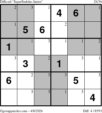 The grouppuzzles.com Difficult SuperSudoku-Junior puzzle for Wednesday April 8, 2026 with the first 3 steps marked