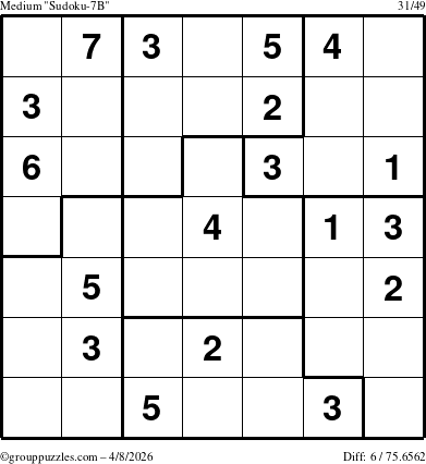 The grouppuzzles.com Medium Sudoku-7B puzzle for Wednesday April 8, 2026
