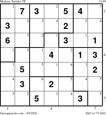 The grouppuzzles.com Medium Sudoku-7B puzzle for Wednesday April 8, 2026 with all 6 steps marked