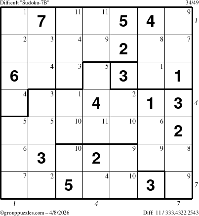 The grouppuzzles.com Difficult Sudoku-7B puzzle for Wednesday April 8, 2026 with all 11 steps marked