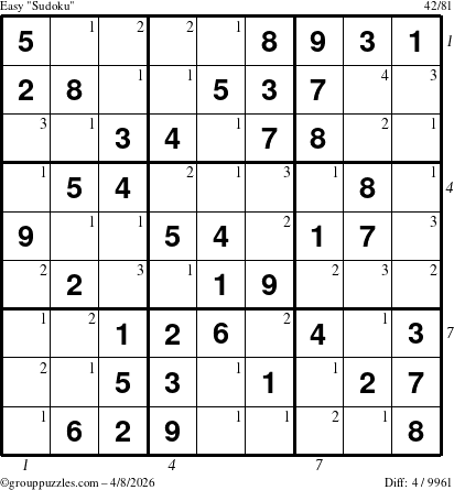 The grouppuzzles.com Easy Sudoku puzzle for Wednesday April 8, 2026, suitable for printing, with all 4 steps marked