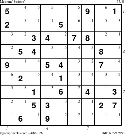 The grouppuzzles.com Medium Sudoku puzzle for Wednesday April 8, 2026, suitable for printing, with all 6 steps marked