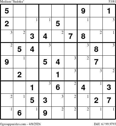 The grouppuzzles.com Medium Sudoku puzzle for Wednesday April 8, 2026 with the first 3 steps marked
