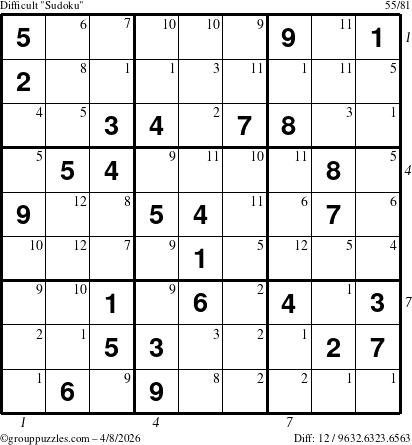 The grouppuzzles.com Difficult Sudoku puzzle for Wednesday April 8, 2026, suitable for printing, with all 12 steps marked