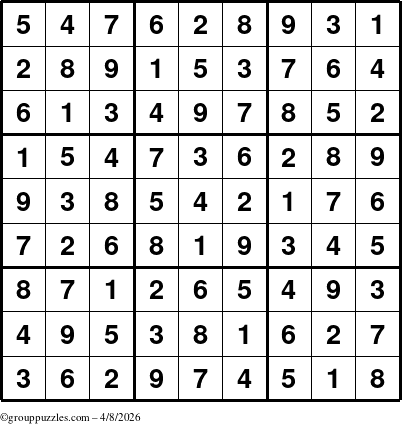 The grouppuzzles.com Answer grid for the Sudoku puzzle for Wednesday April 8, 2026