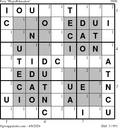 The grouppuzzles.com Easy HyperEducation-i23 puzzle for Wednesday April 8, 2026 with all 3 steps marked