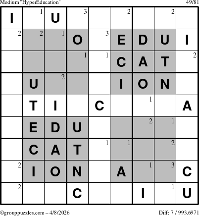 The grouppuzzles.com Medium HyperEducation-i23 puzzle for Wednesday April 8, 2026 with the first 3 steps marked