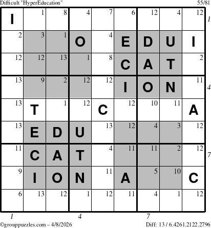 The grouppuzzles.com Difficult HyperEducation-i23 puzzle for Wednesday April 8, 2026, suitable for printing, with all 13 steps marked