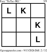 The grouppuzzles.com Easy TicTac-JKL puzzle for Sunday September 13, 2026