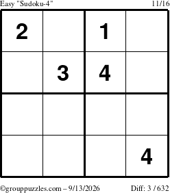 The grouppuzzles.com Easy Sudoku-4 puzzle for Sunday September 13, 2026