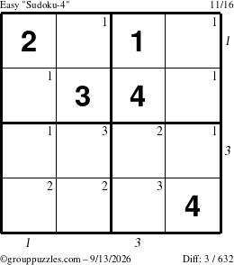 The grouppuzzles.com Easy Sudoku-4 puzzle for Sunday September 13, 2026, suitable for printing, with all 3 steps marked