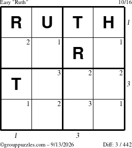 The grouppuzzles.com Easy Ruth puzzle for Sunday September 13, 2026 with all 3 steps marked