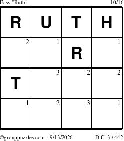 The grouppuzzles.com Easy Ruth puzzle for Sunday September 13, 2026 with the first 3 steps marked