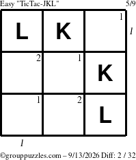 The grouppuzzles.com Easy TicTac-JKL puzzle for Sunday September 13, 2026 with all 2 steps marked